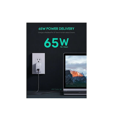 Aukey Încărcător Fără Cablu GaN cu 2 Porturi USB-C 65W Livrarea energiei Albς (PA-B4)