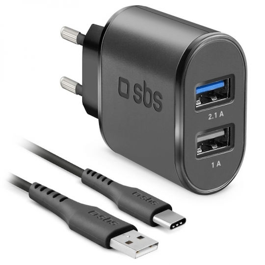 SBS Φορτιστής με 2 Θύρες USB-A και Καλώδιο USB-C Μαύρος (TEKITTRC2U2AFASTK)