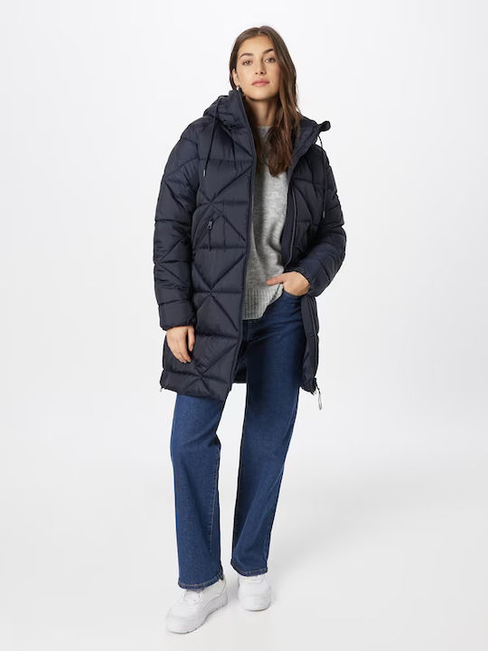 Women's Long Puffer Jacket for Winter with Hood Navy Blue