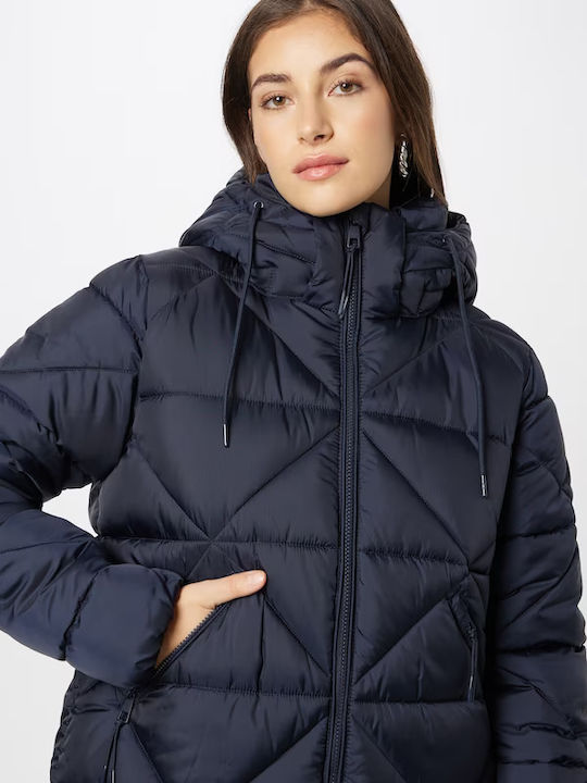 Women's Long Puffer Jacket for Winter with Hood Navy Blue