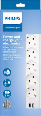 Philips 5-Outlet Power Strip with USB 2m White