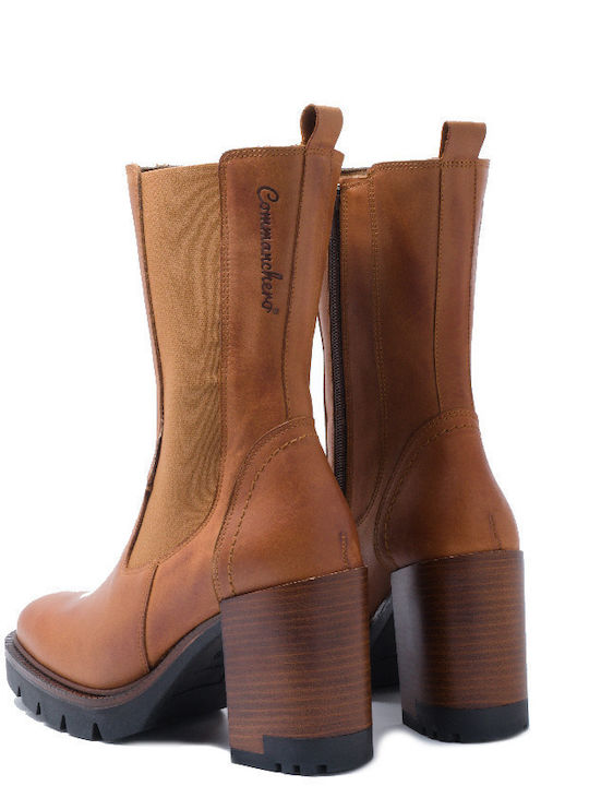 Leather Women's Chelsea Boots with High Heel Tabac Brown