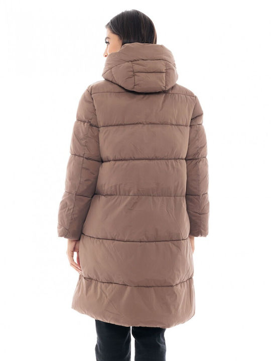 Splendid Women's Long Puffer Jacket for Winter with Hood Beige