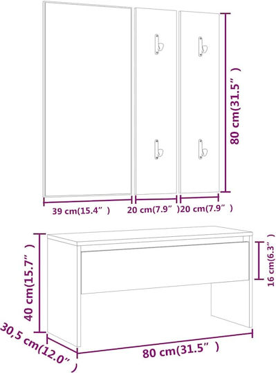 Eingangsmöbel mit Spiegel / Garderobe / Schuhschrank & Bank Sonoma Oak 80x30.5x40cm