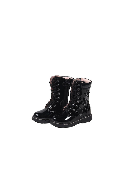 Lelli Kelly Vernice Kids Patent Leather Military Boots with Zipper Black