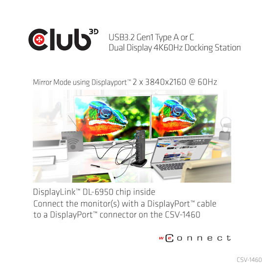 Club3D USB-A / USB-C Docking Station with DisplayPort 4K PD Ethernet and Support for 2 Monitors Black (CSV-1460)