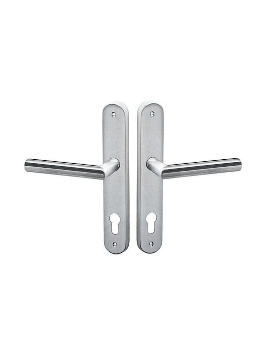 Conset Lever Middle Door with Plate Η Pair (Center Distance 75mm) Inox