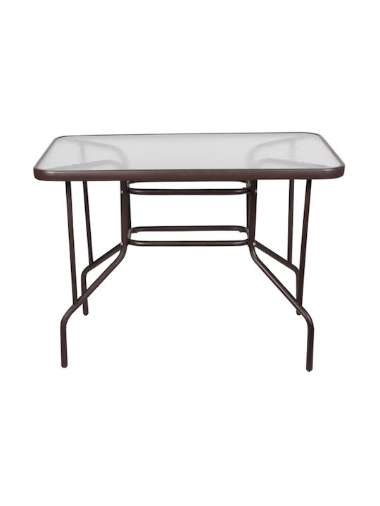 Outdoor Dinner Free Standing Table with Glass Surface and Metal Frame Brown 100x65x71cm