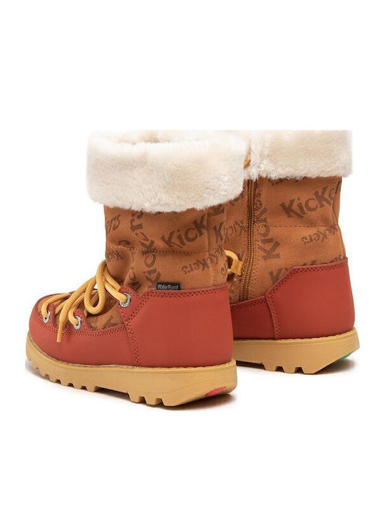 Leather Kids Snow Boots with Laces Tabac Brown