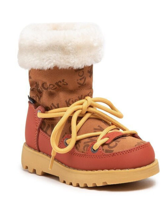 Leather Kids Snow Boots with Laces Tabac Brown