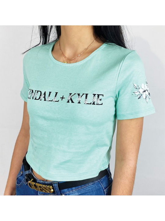 Flower Logo Γυναικείο Καλοκαιρινό Crop Top Βαμβακερό Κοντομάνικο Floral Pistachio