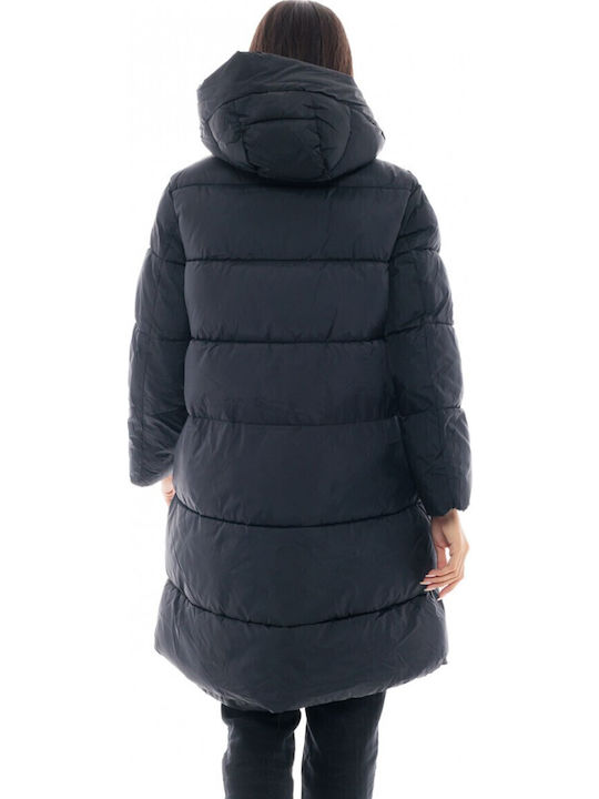Women's Long Puffer Jacket for Winter with Hood Black