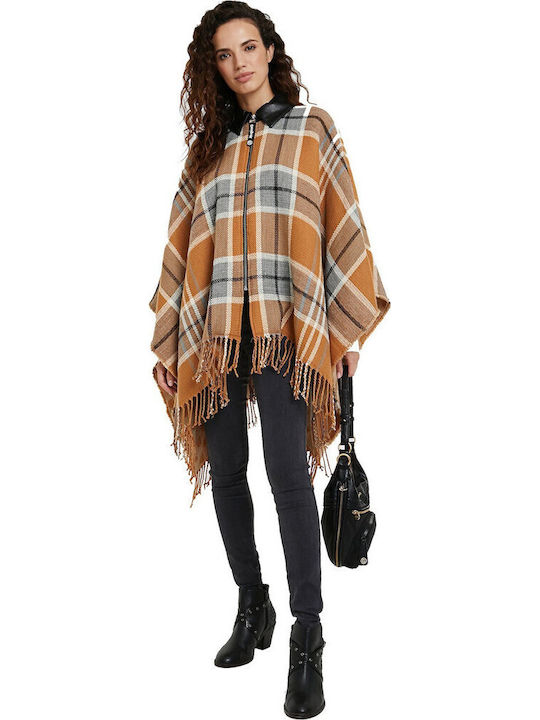 Checks Women's Poncho with Zipper Orange