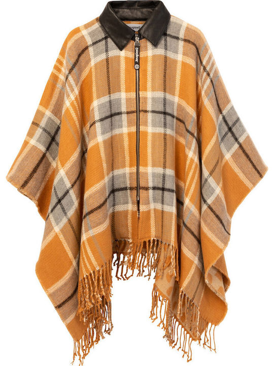 Checks Women's Poncho with Zipper Orange