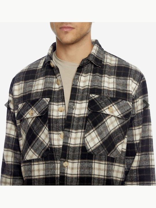 Overshirt Mânecă Lungă În Linie Regular Fit Model Carou Negru