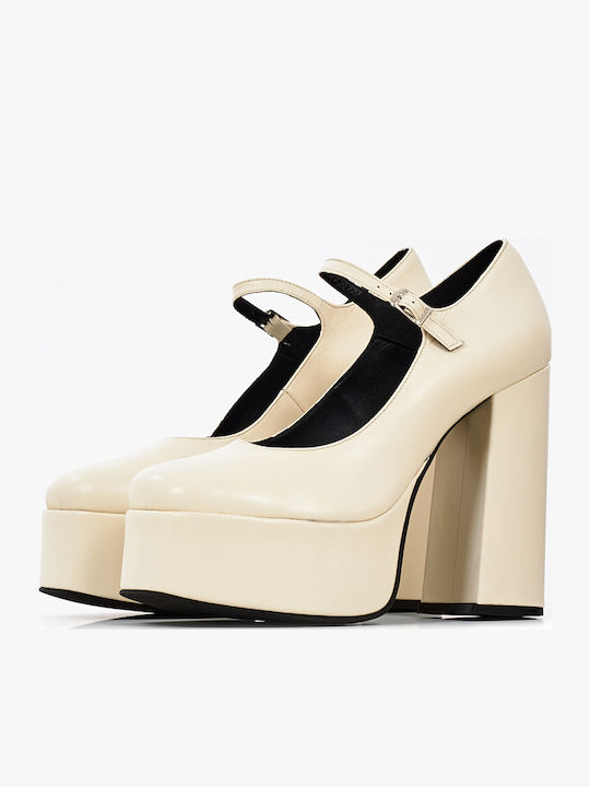 Patent Leather Beige Heels with Strap
