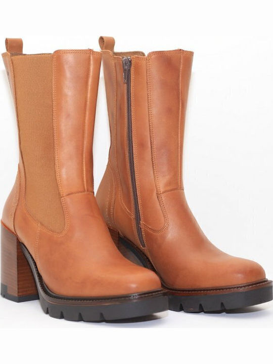 Leather Women's Chelsea Boots with High Heel Tabac Brown
