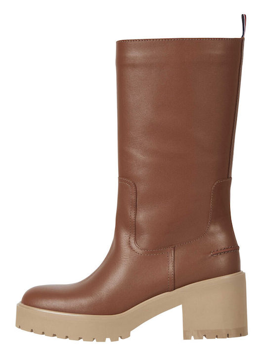Leder Damenstiefel mit Mittelhohem Absatz Winter Cognac