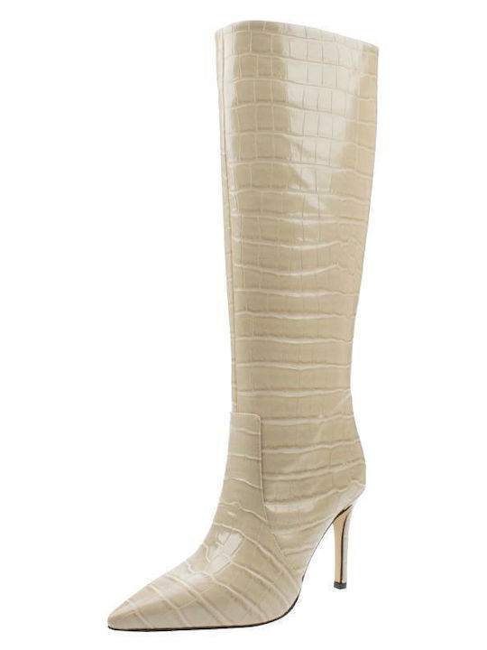 Leder Damenstiefel mit mittlerem Absatz Beige Croco