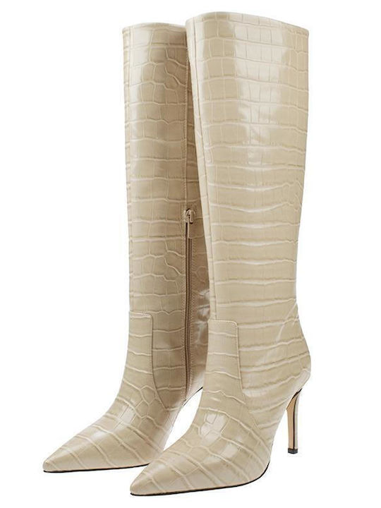 Leder Damenstiefel mit mittlerem Absatz Beige Croco