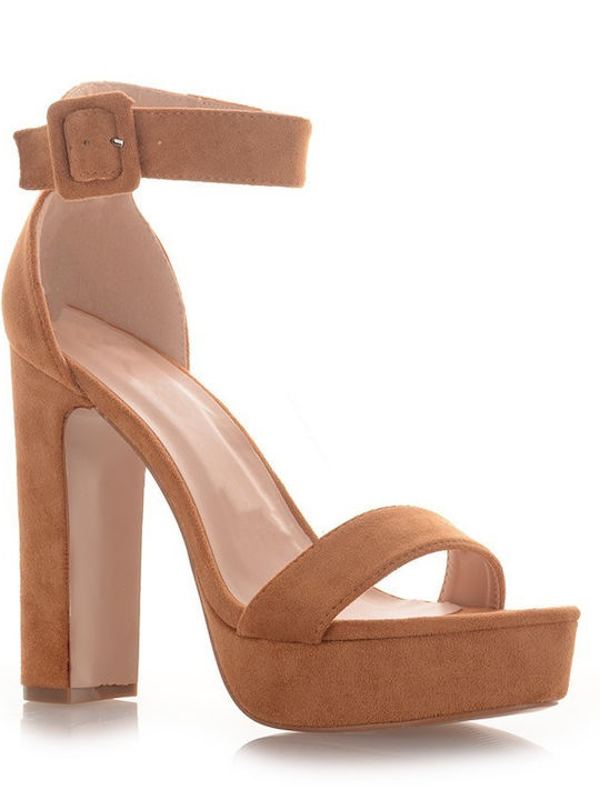 Famous Shoes Platform Women's Sandals with Ankle Strap Camel with Chunky High Heel