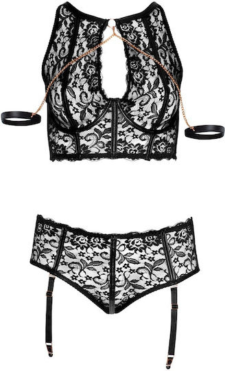 Cottelli Collection Секси комплект Дантелено Бондажно Бельо Черен 3 части