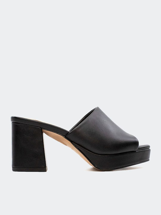 Lina 502 Mules με Χοντρό Ψηλό Τακούνι σε Μαύρο Χρώμα