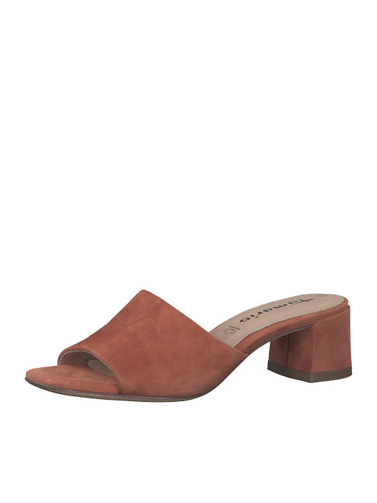 Leder Mules mit Chunky Niedrig Absatz in Tabac Braun Farbe