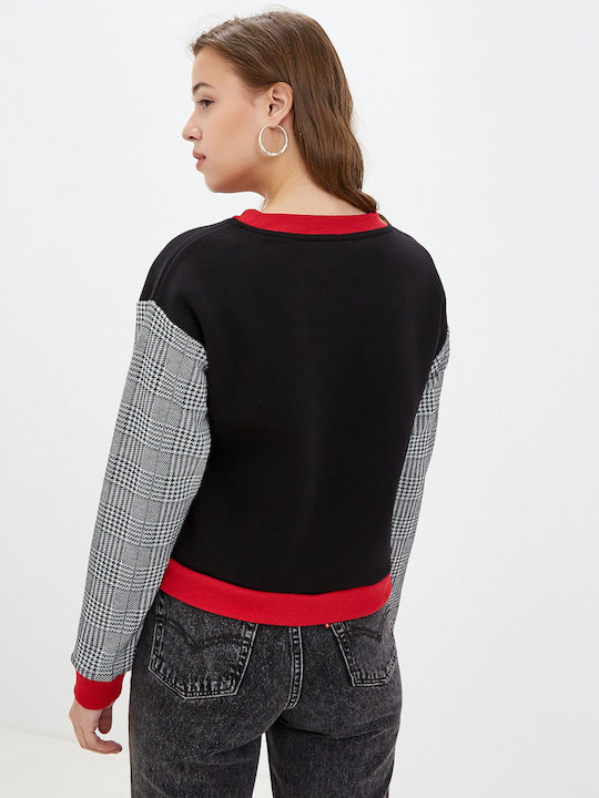 ROCK ANGEL SHORT SWEATSHIRT WITH PLAID SLEEVE BLACK