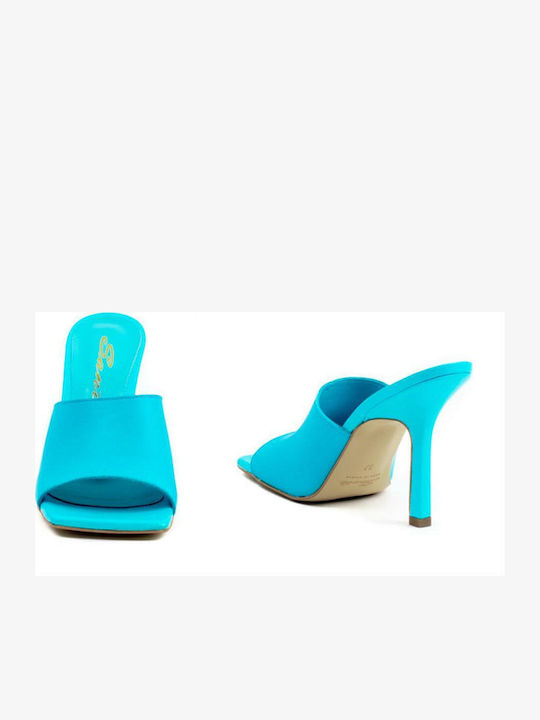 Leather Mules with Thin High Heel in Blue Color