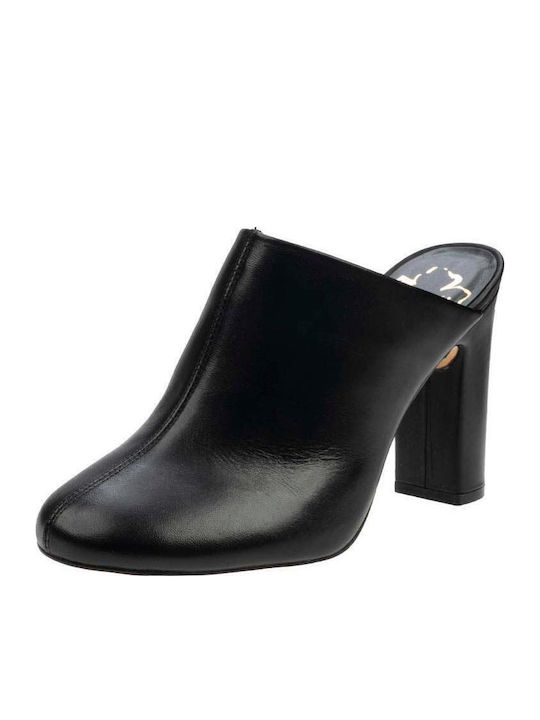 Leather Mules with Chunky High Heel in Black Color