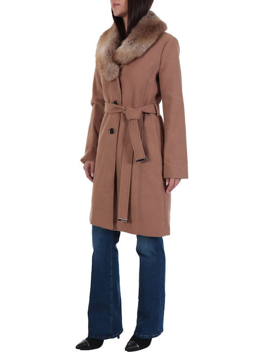 Women's Camel Coat with Fur Details