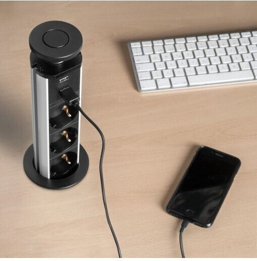 Emuca Τριπλή Χωνευτή Πρίζα Ρεύματος με 2 Θύρες USB με Καπάκι Μαύρη