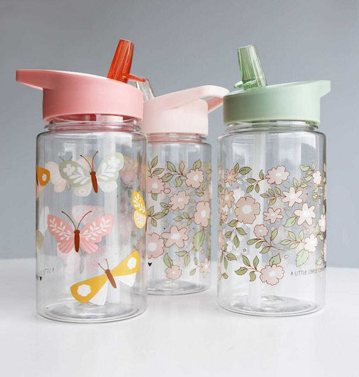 A Little Lovely Company Kids Water Bottle Butterfly Plastic with Straw Blossoms Sage 450ml