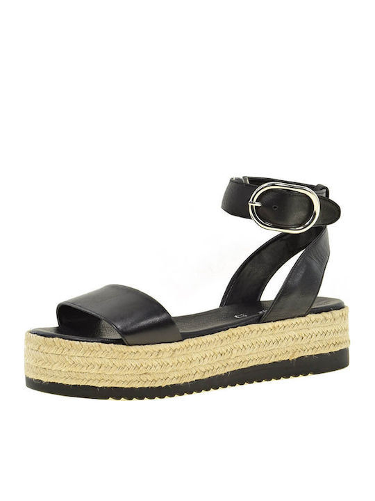 Δερμάτινα Γυναικεία Σανδάλια Flatforms Μαύρα