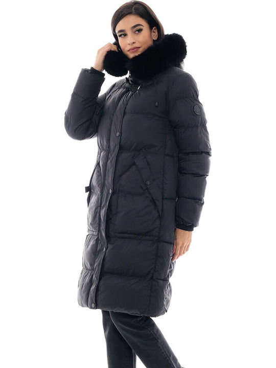 Women's Long Puffer Jacket for Winter with Detachable Hood Black