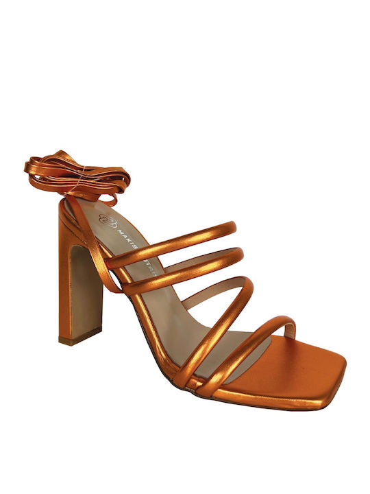 Makis Kotris Leather Women's Sandals Orange Metal with Thin High Heel