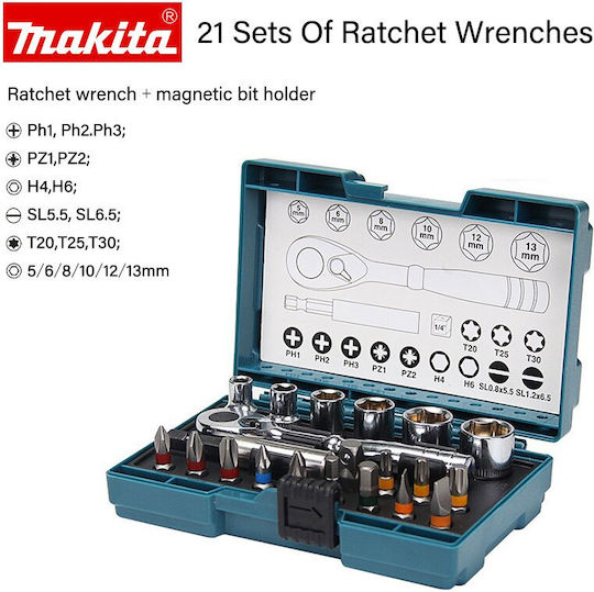 Makita Ратчетни и гнездови гарнитури 1\4" 21бр