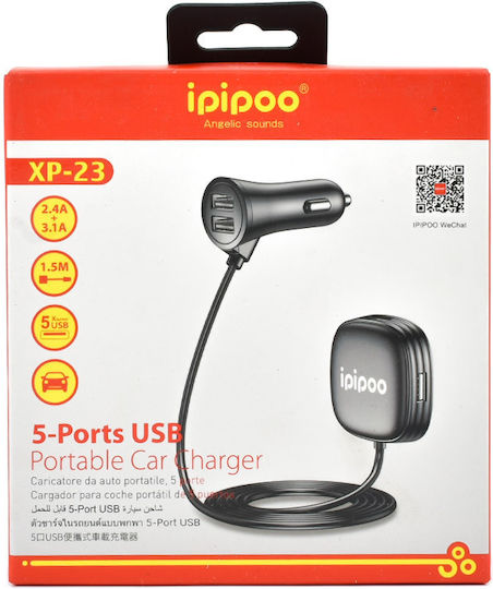 Ipipoo Φορτιστής Αυτοκινήτου XP-23 12W Γρήγορης Φόρτισης με Θύρες: 5xUSB μαζί με Καλώδιο Ενσωματωμένο Μαύρος