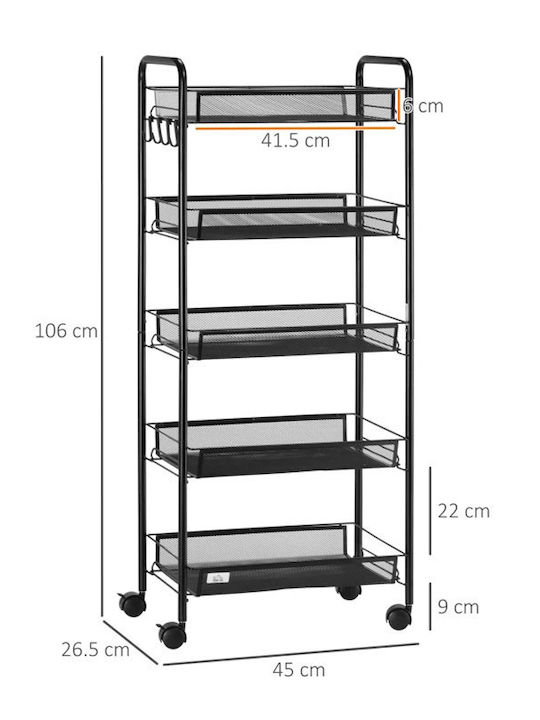 HomCom Metallic Kitchen Trolley 5 Tiers Black 45x26.5x106cm