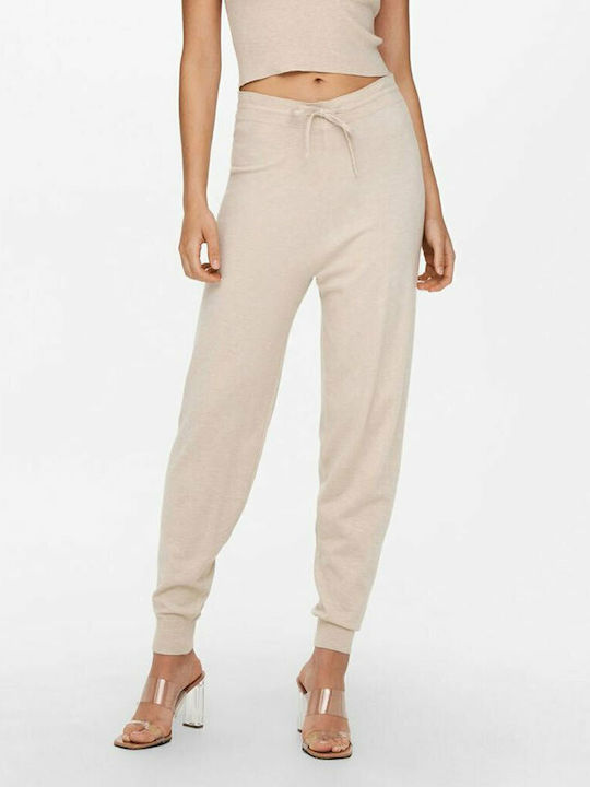 Women's High-waisted Fabric Trousers with Elastic Slim Fit Beige