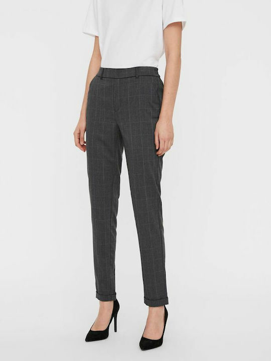 Vero Moda Women's High-waisted Fabric Trousers with Elastic in Loose Fit Checked Dark Grey Melange