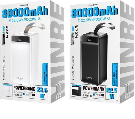 WK WP-271 Power Bank 80000mAh 22.5W cu 3 Porturi USB-A și Port USB-C Livrarea energiei / Quick Charge 3.0 Minre Black