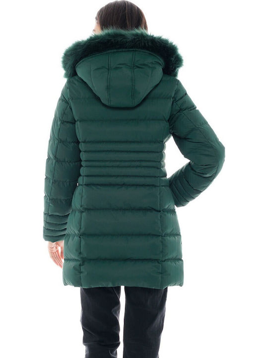 Lang Damen Puffer Jacke mit pelziger Kapuze für Winter Dark Beige