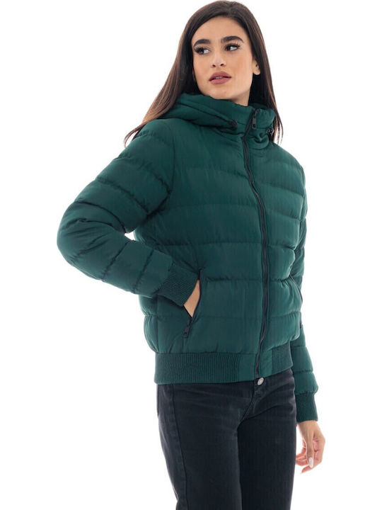 Women's Short Puffer Jacket for Winter with Hood Green