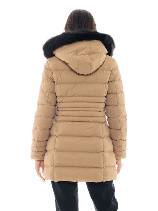 Splendid Kurz Damen Puffer Jacke mit pelziger Kapuze für Winter Beige