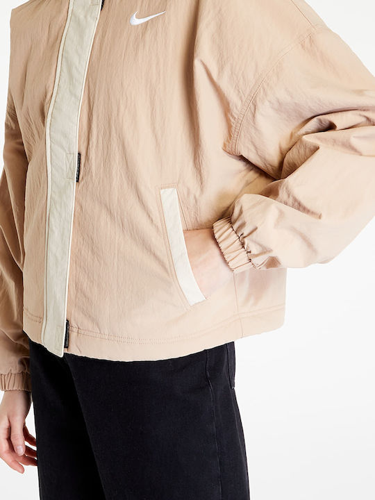 Sportswear Κοντό Γυναικείο Puffer Μπουφάν για Χειμώνα Μπεζ