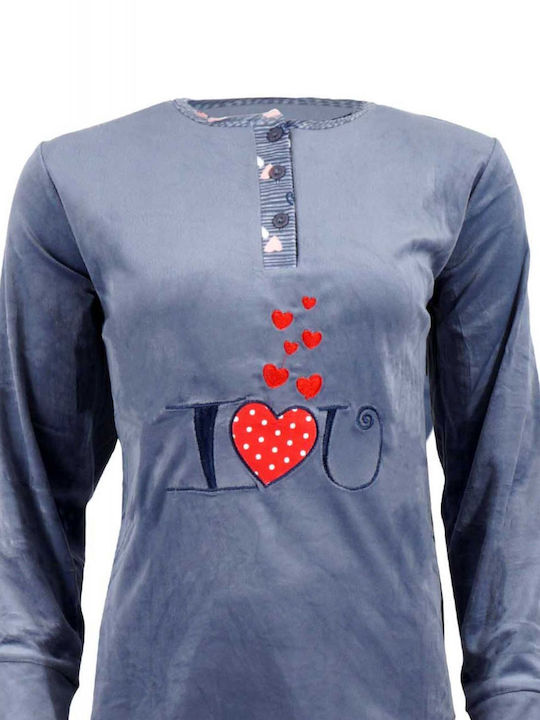 Γυναικεία πιτζάμα coral fleece I love you πατιλέτα παντελόνι all print hearts. Homewear Collection ΓΚΡΙ