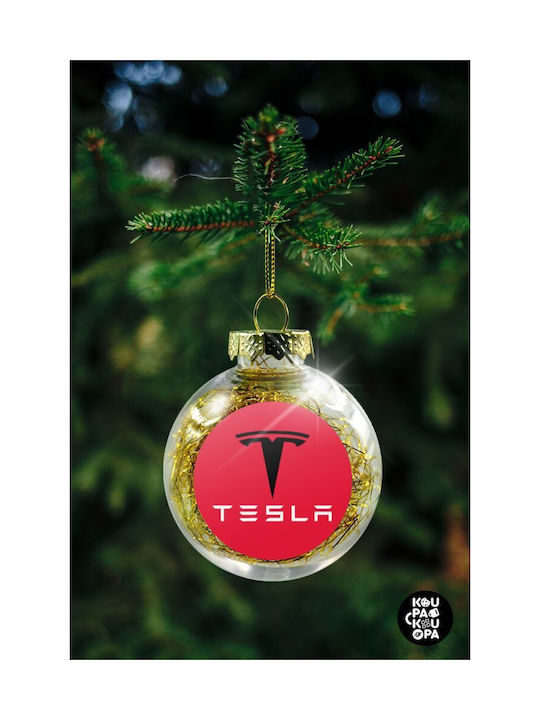 Tesla motors, Ornament de brad de Crăciun, minge transparentă cu umplutură aurie, 8cm