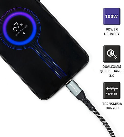 Qoltec Braided USB 2.0 Cable USB-C male - USB-C 100W Μαύρο 1m 52357